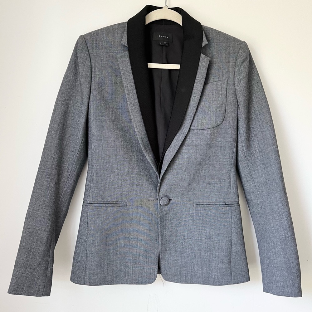 Theory Jacket Women’s 0 Gray Wool Blazer Donelly Jacket with Black Rib Trim
